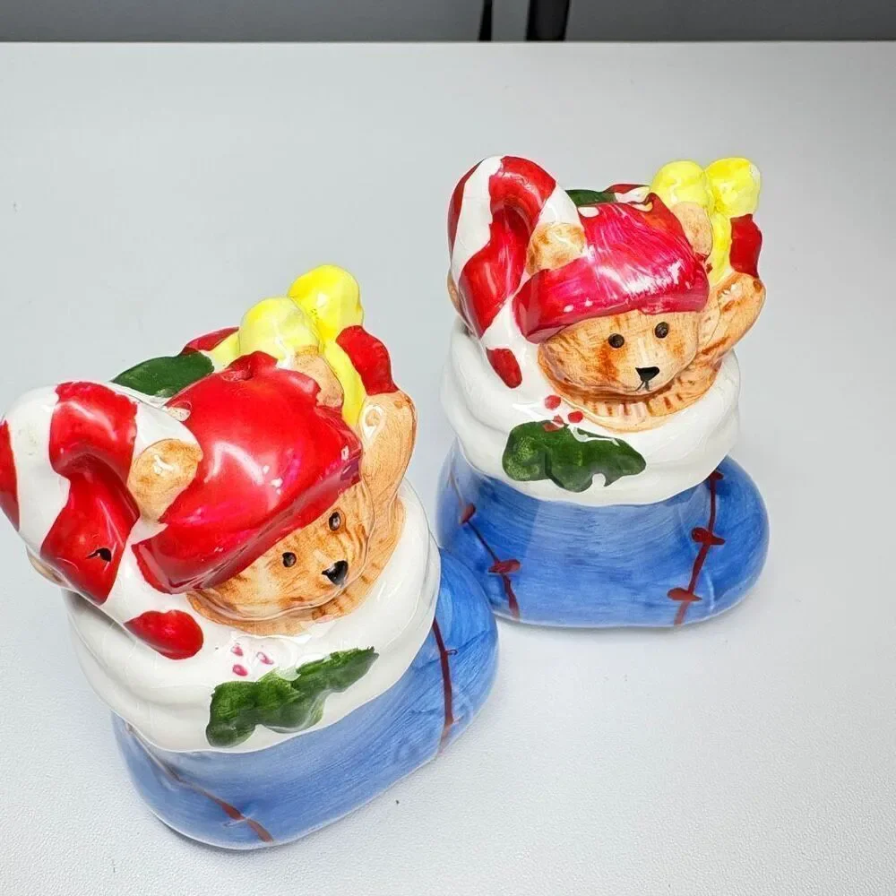 Vintage Christmas Teddy Bear Stocking Figurines – Hand Painted Holiday Decor (Se